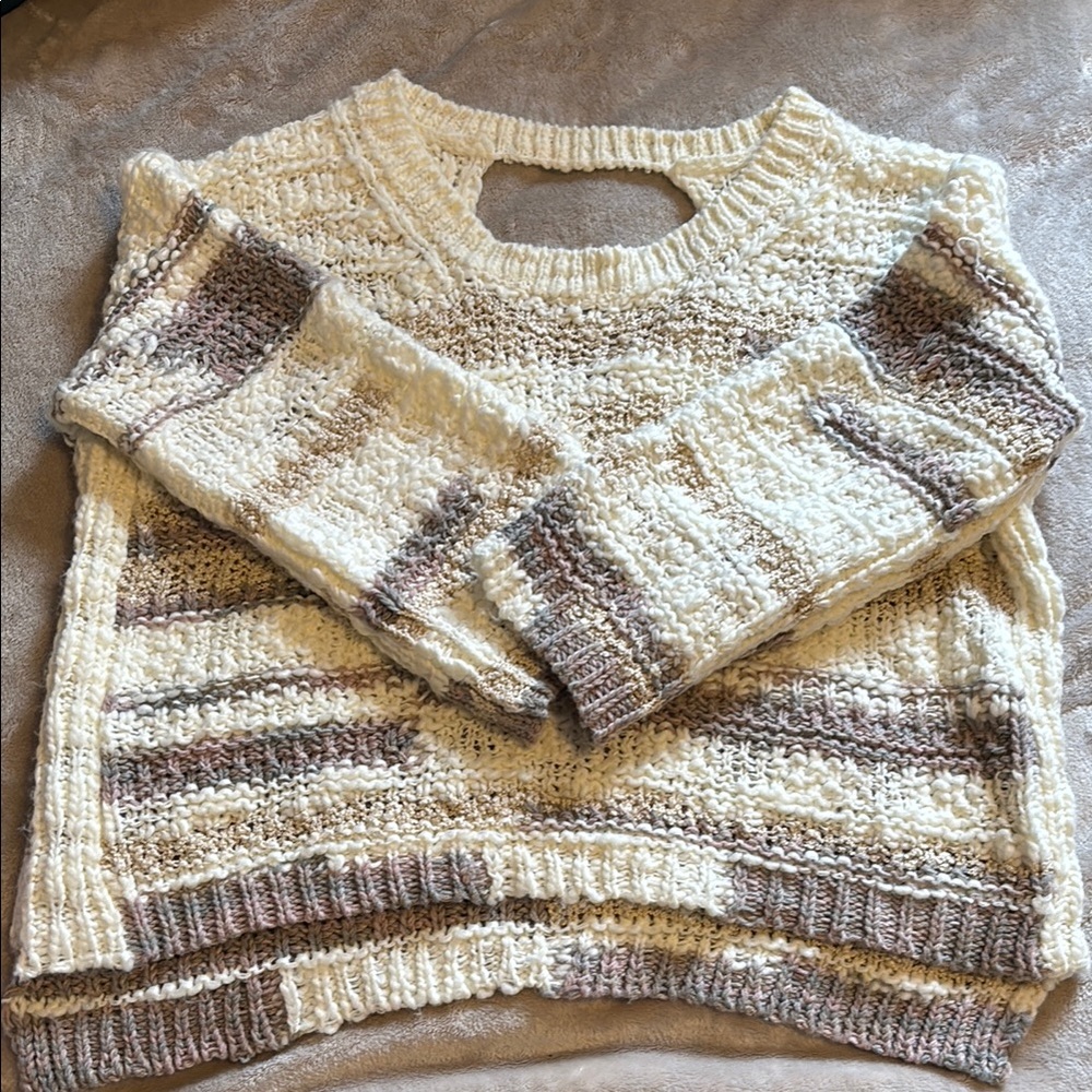 Lush Cream and Brown Crew Neck Sweater with Textured Knit